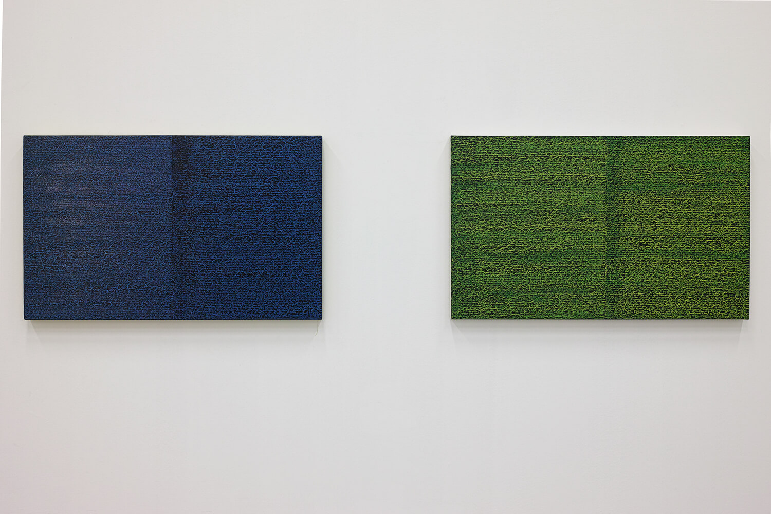 'Open Book blue-blue dark'  (left) & 'Open Book  yellow-green' (right)<br>Oil and Amber on canvas over panel, 37 x 60 cm, 2008 each