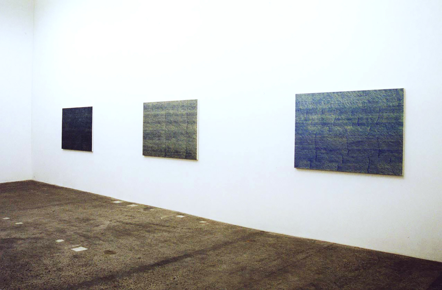 Installation View<br>CASO Space D<br>Trace-Blue 6 paintings 103 x 150 cm 2000 each