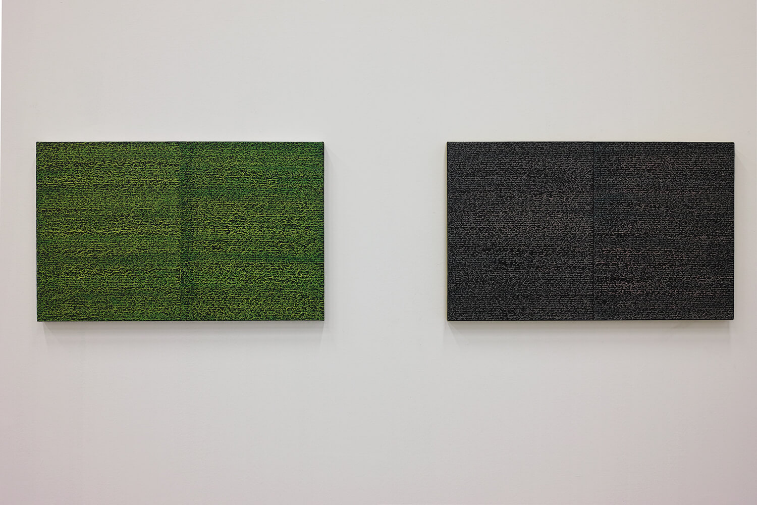 'Open Book yellow-green'  (left) & 'Open Book pink-indigo' (right)<br>Oil and Amber on canvas over panel, 37 x 60 cm, 2008 each