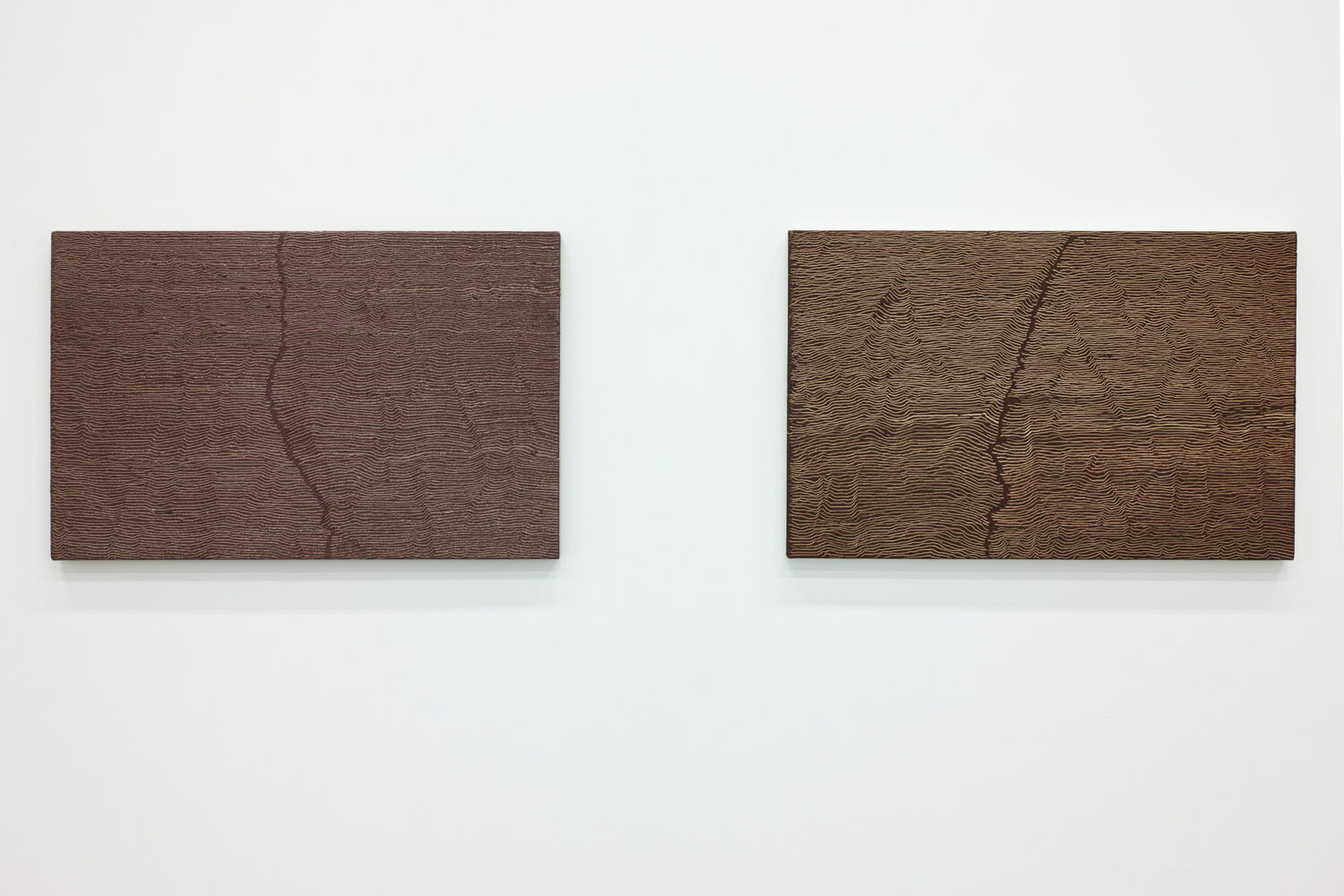 'Fissure 10'  (left) & 'Fissure 9' (right)<br>Oil and Amber on canvas over panel, 33.7 x 53.4 cm, 2001 each