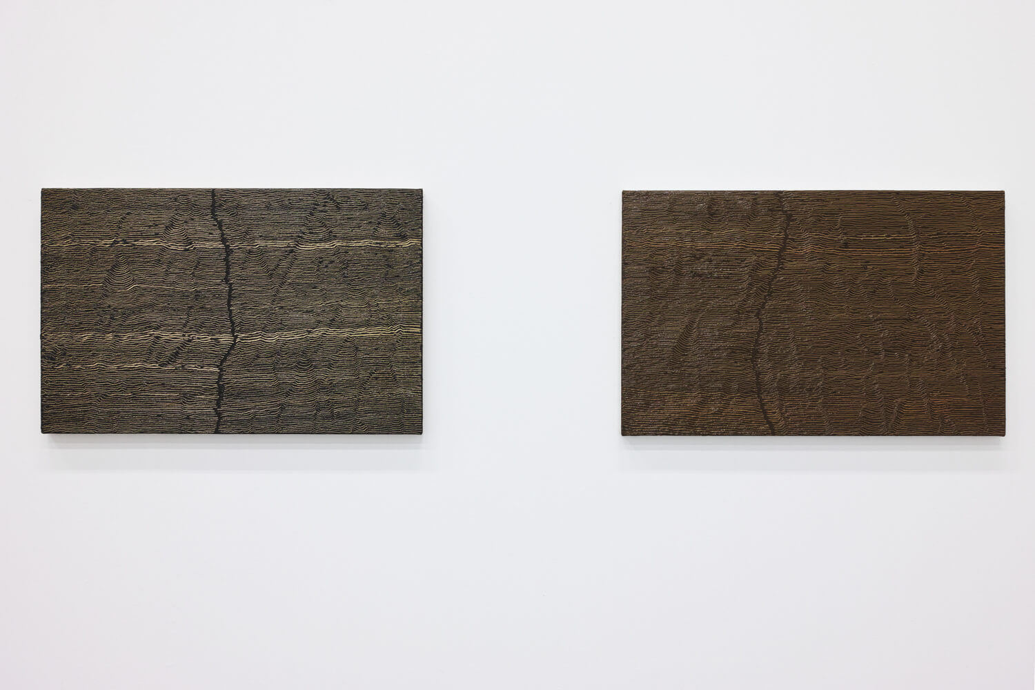 'Fissure 8'  (left) $ 'Fissure 2' (right)<br>Oil and Amber on canvas over panel, 33.7 x 53.4 cm, 2001 each
